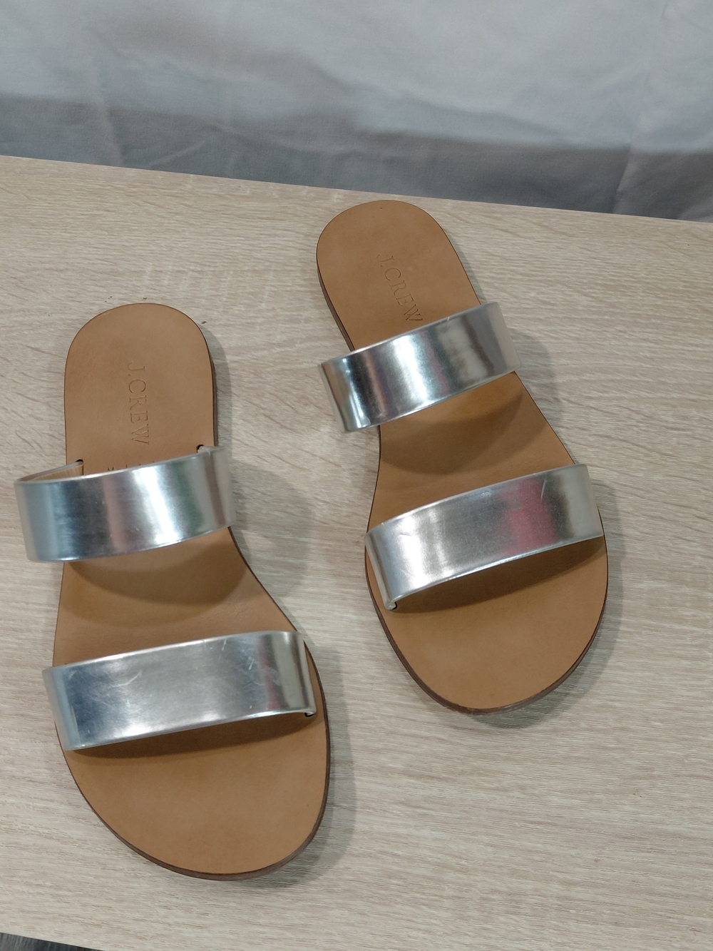 J. Crew Metallic Silver Double-Strap Slide Sandals